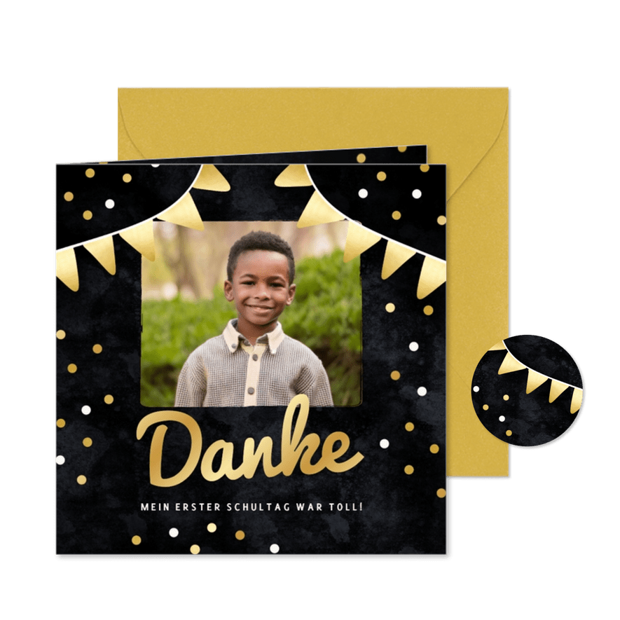 Einschulung Foto-Dankeskarte Schwarz & Gold - Karteneindruck