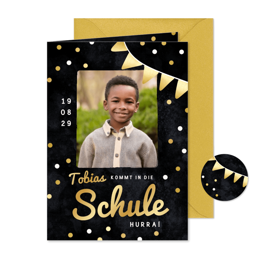 Einschulung Foto-Einladungskarte Schwarz & Gold - Karteneindruck
