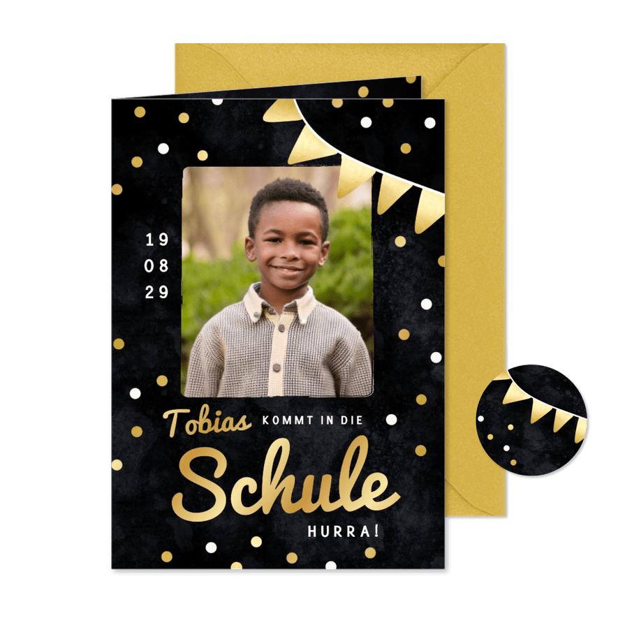 Einschulung Foto-Einladungskarte Schwarz & Gold - Karteneindruck