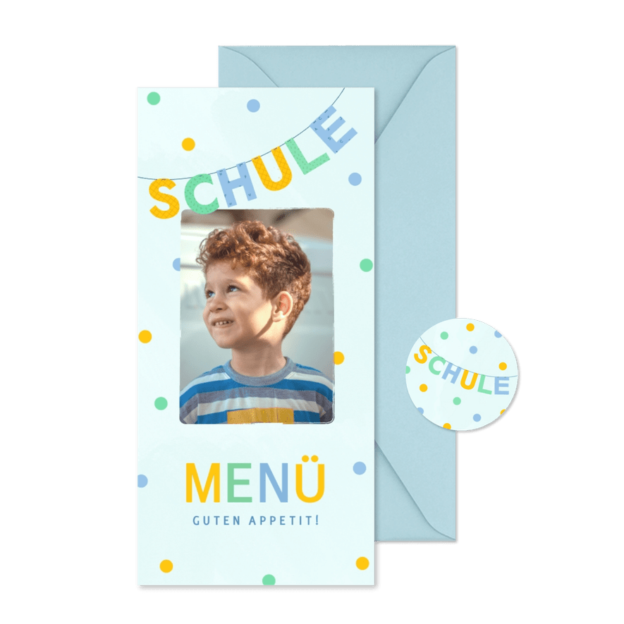 Einschulung Menükarte blau Foto & Konfetti - Kartenvorschau