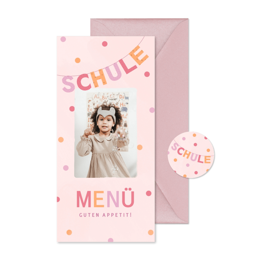 Einschulung Menükarte rosa Foto & Konfetti - Karteneindruck
