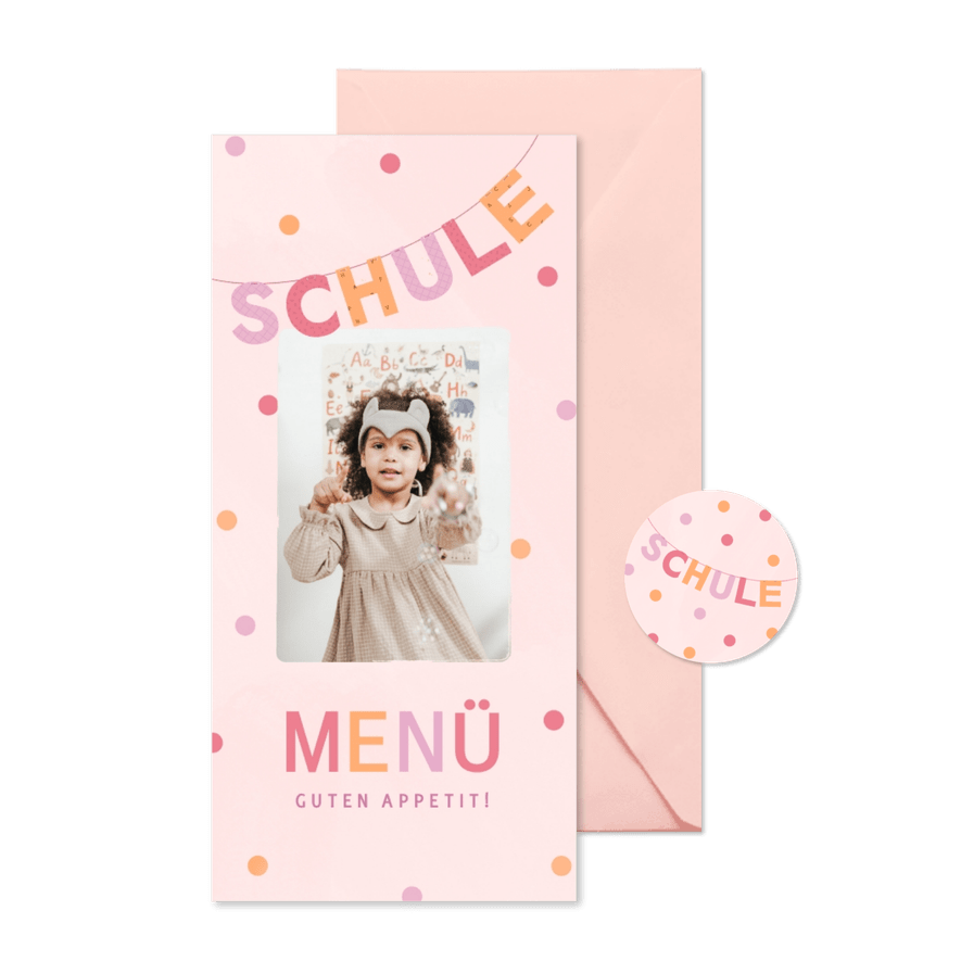 Einschulung Menükarte rosa Foto & Konfetti - Karteneindruck
