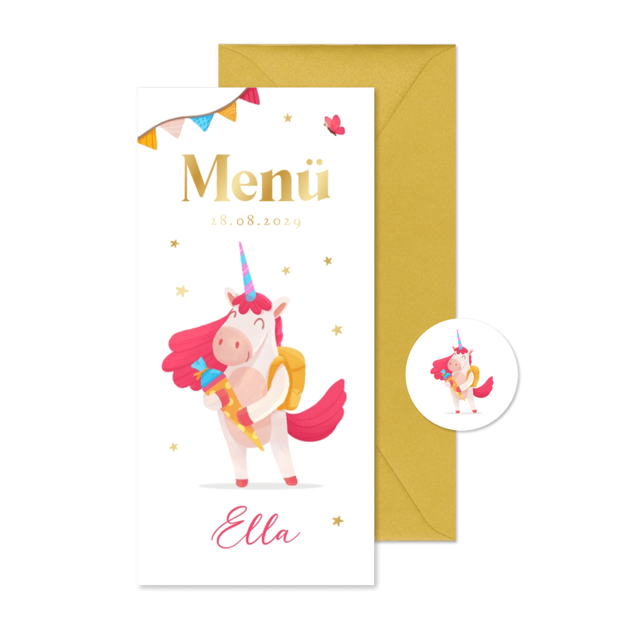 Einschulung Menükarte Unicorn mit Schultüte - Karteneindruck