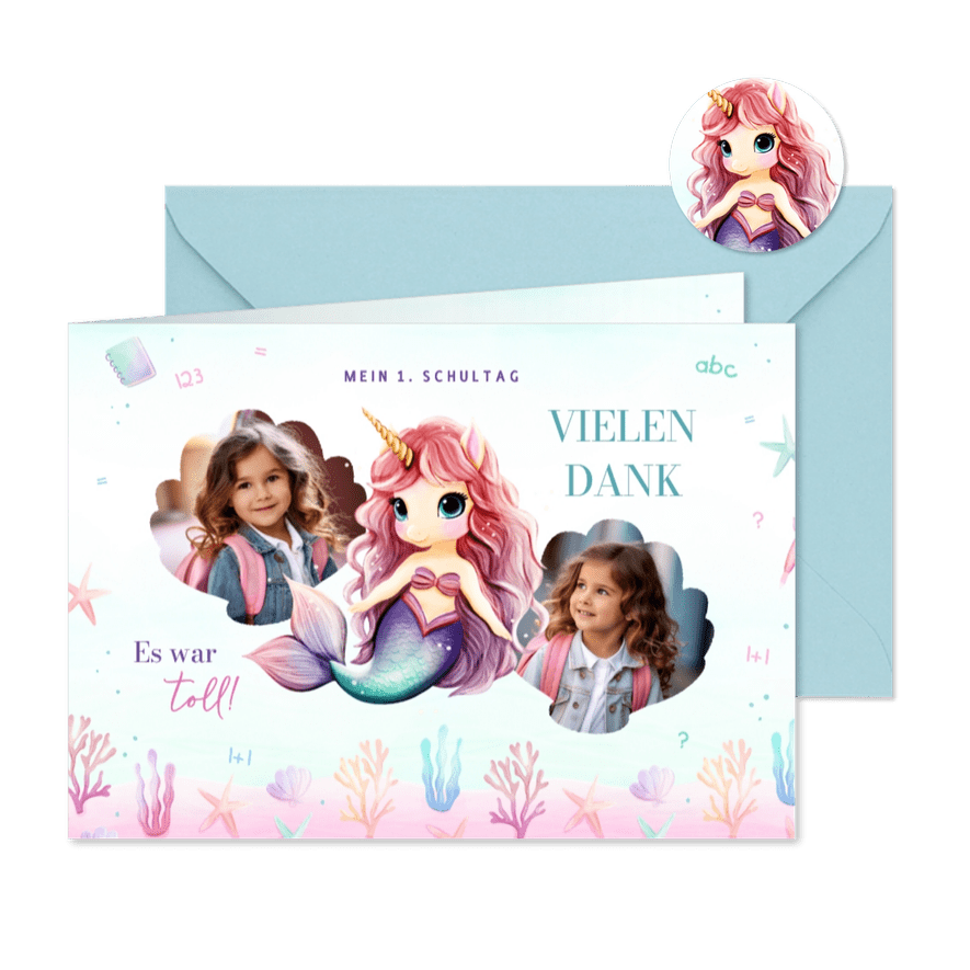 Einschulungs-Dankeskarte Fotos & Einhorn-Meerjungfrau - Karteneindruck