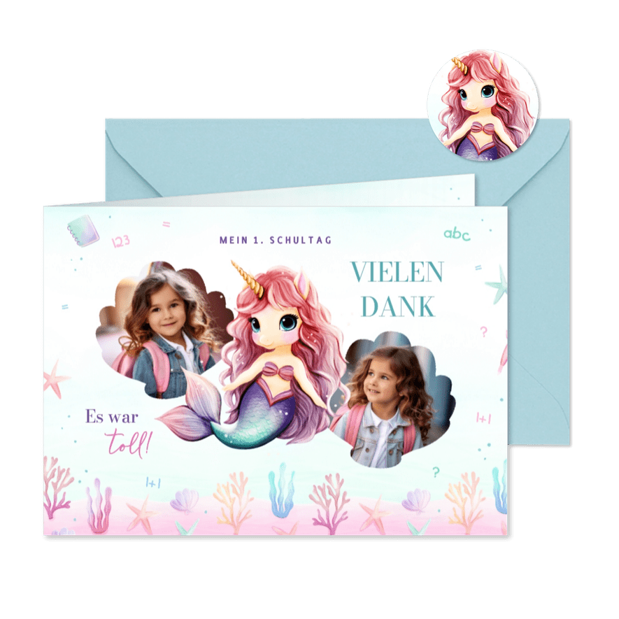 Einschulungs-Dankeskarte Fotos & Einhorn-Meerjungfrau - Kartenvorschau