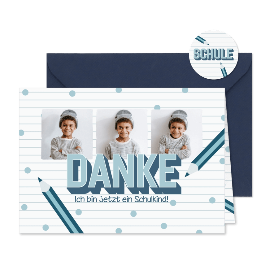 Einschulungs-Dankeskarte Fotoserie & blaue Buntstifte - Karteneindruck