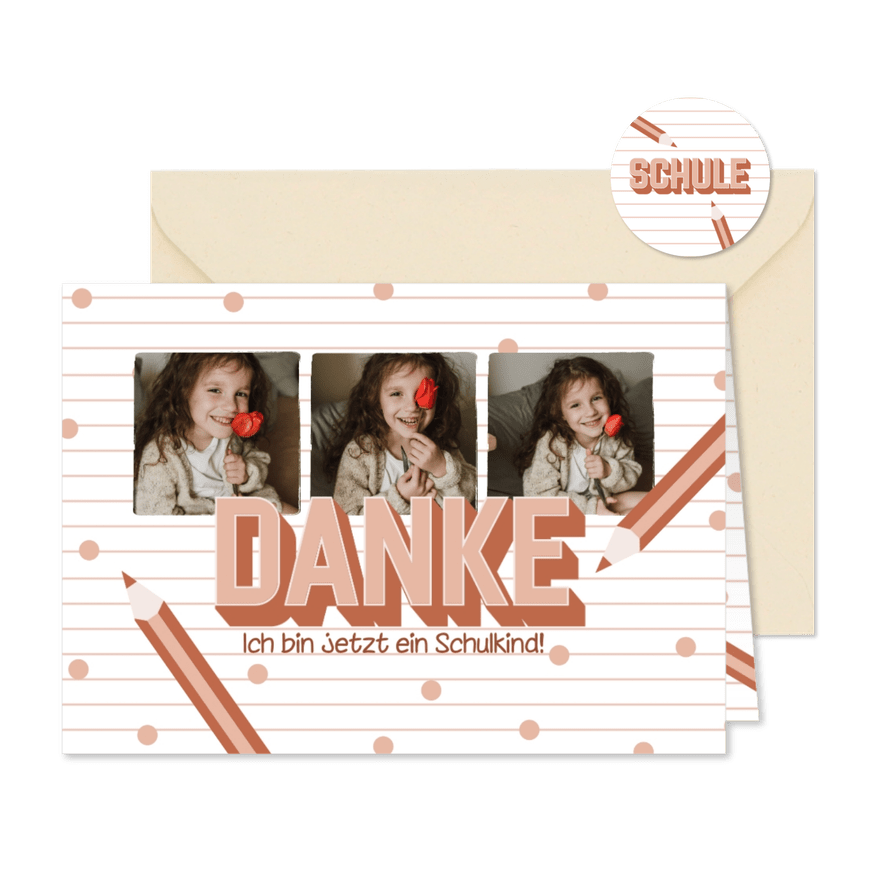 Einschulungs-Dankeskarte Fotoserie & rosa Buntstifte - Karteneindruck
