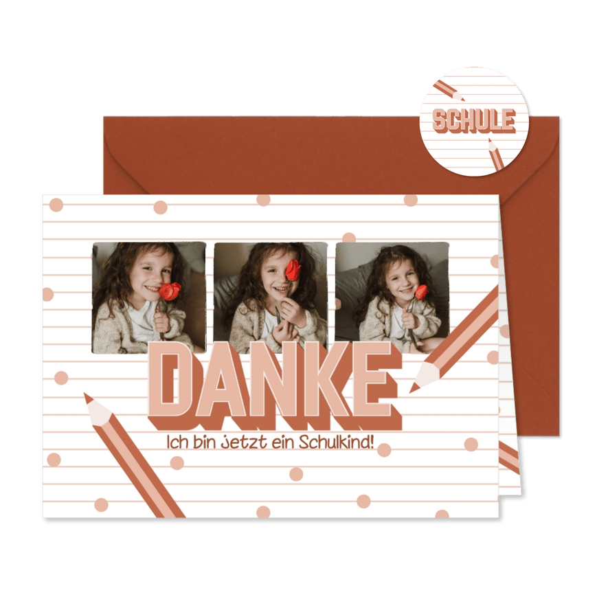 Einschulungs-Dankeskarte Fotoserie & rosa Buntstifte - Karteneindruck