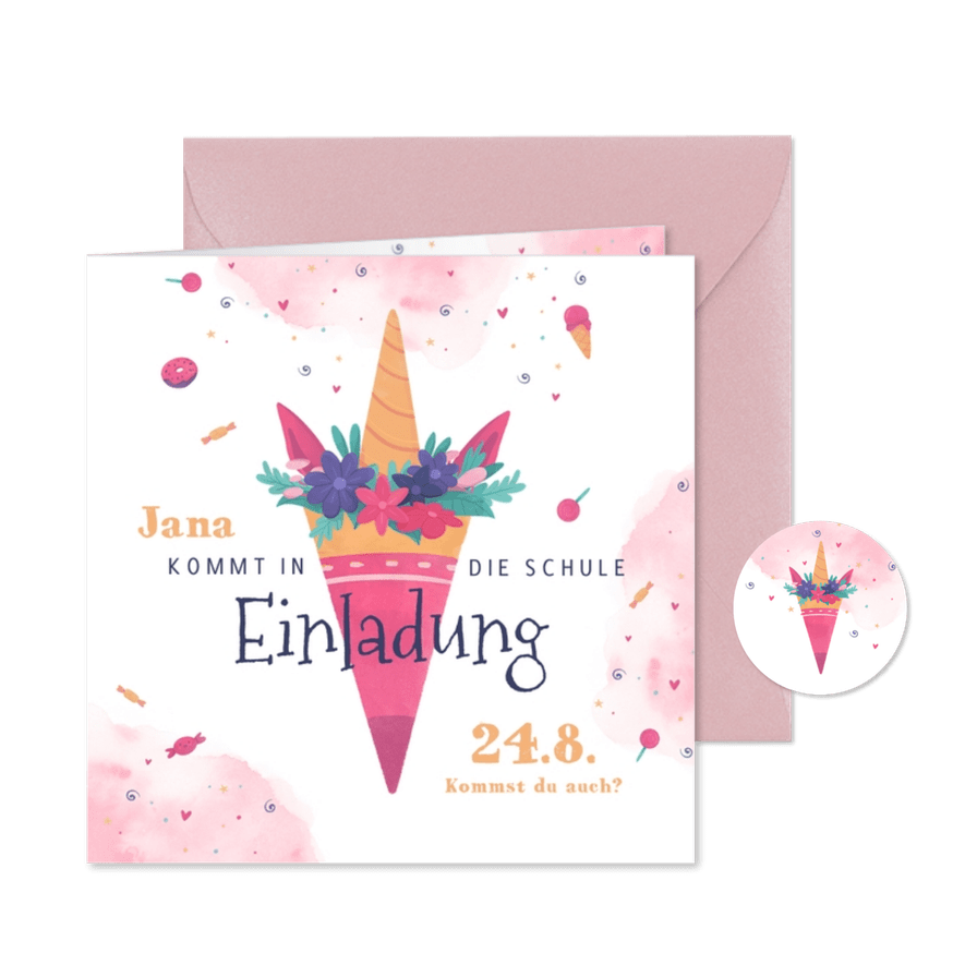 Einschulungs-Einladung Schultüte in Einhornform - Karteneindruck
