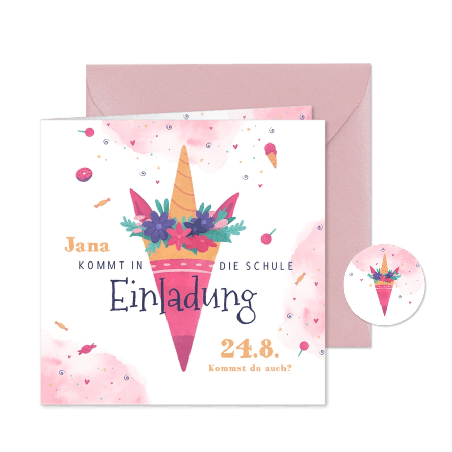 Einschulungs-Einladung Schultüte in Einhornform - Karteneindruck