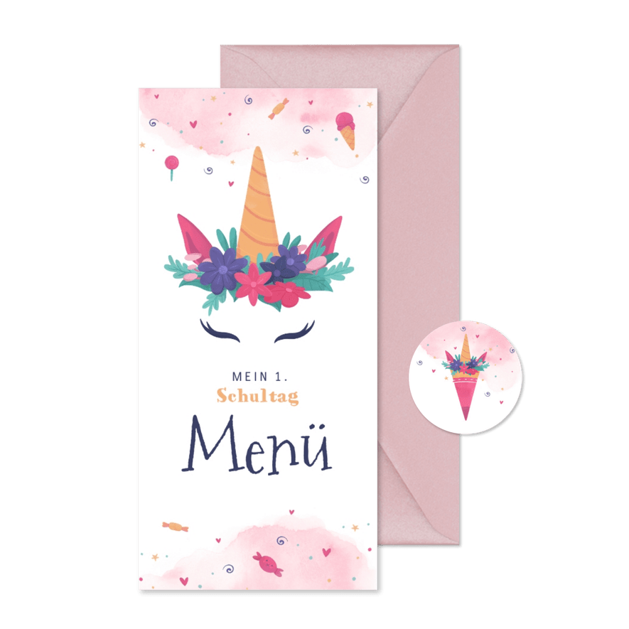 Einschulungsfeier Menükarte Einhorn - Karteneindruck