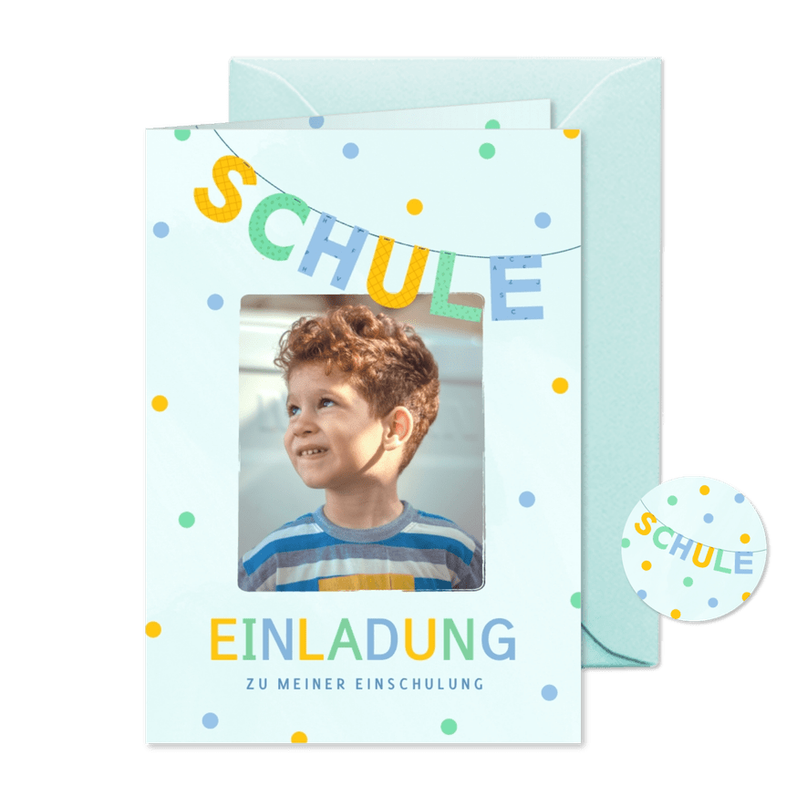 Einschulungskarte blau Einladung Foto & Konfetti - Karteneindruck
