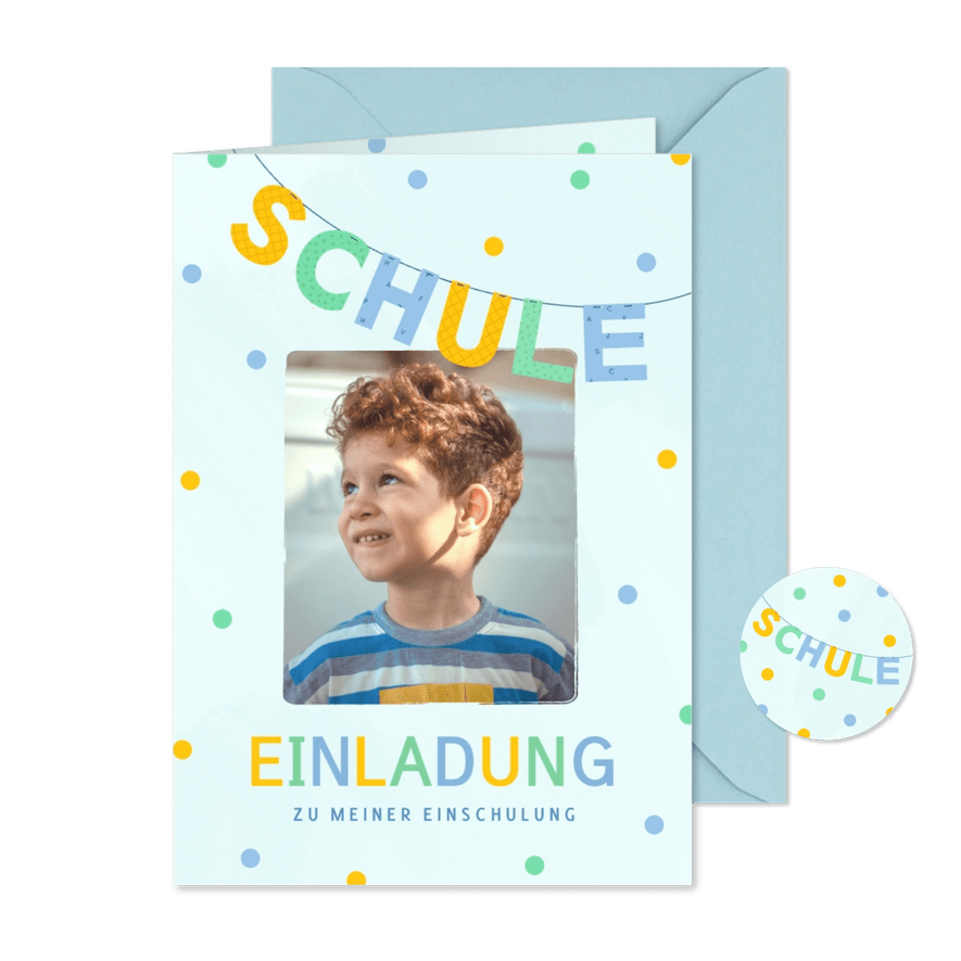 Einschulungskarte blau Einladung Foto & Konfetti - Kartenvorschau
