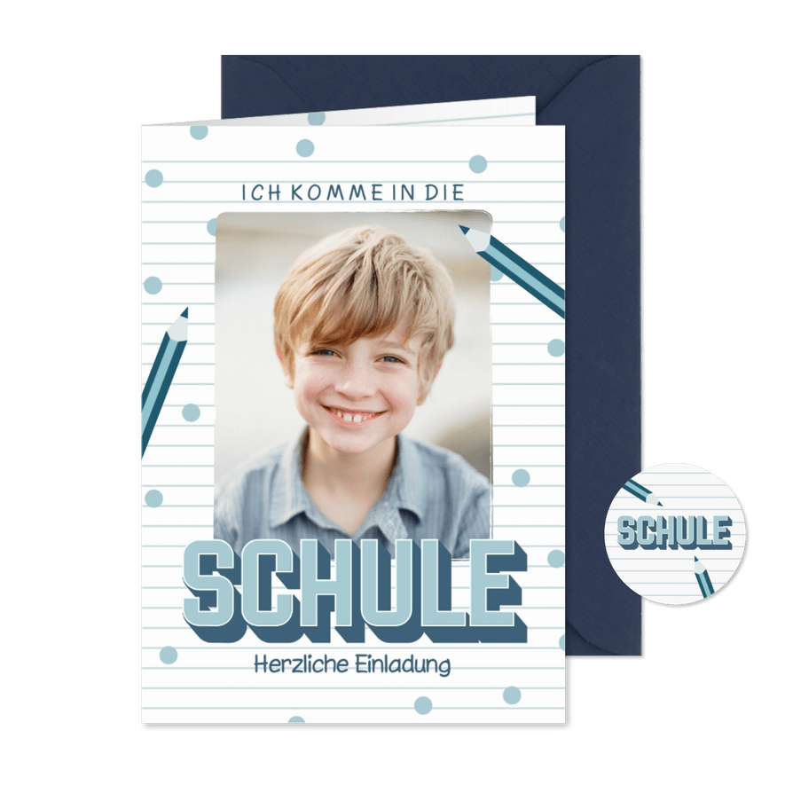 Einschulungskarte Foto & blaue Buntstifte - Karteneindruck
