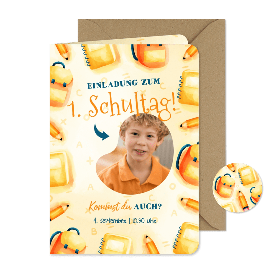 Einschulungskarte Foto & gelbe Schulsachen - Karteneindruck