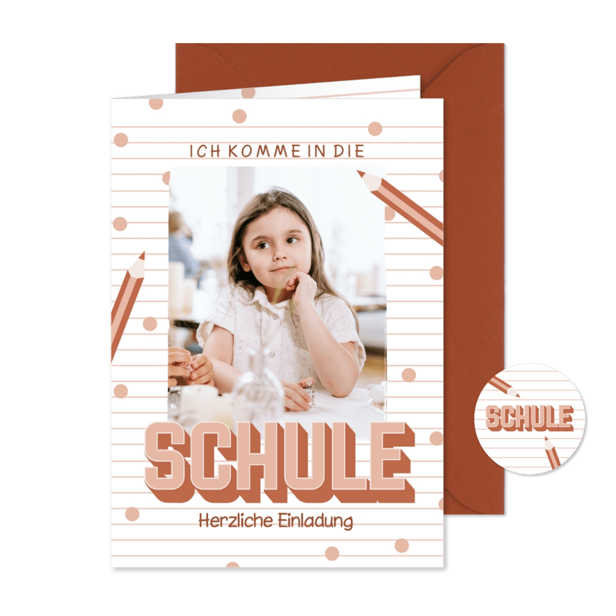 Einschulungskarte Foto & rosa Buntstifte - Karteneindruck