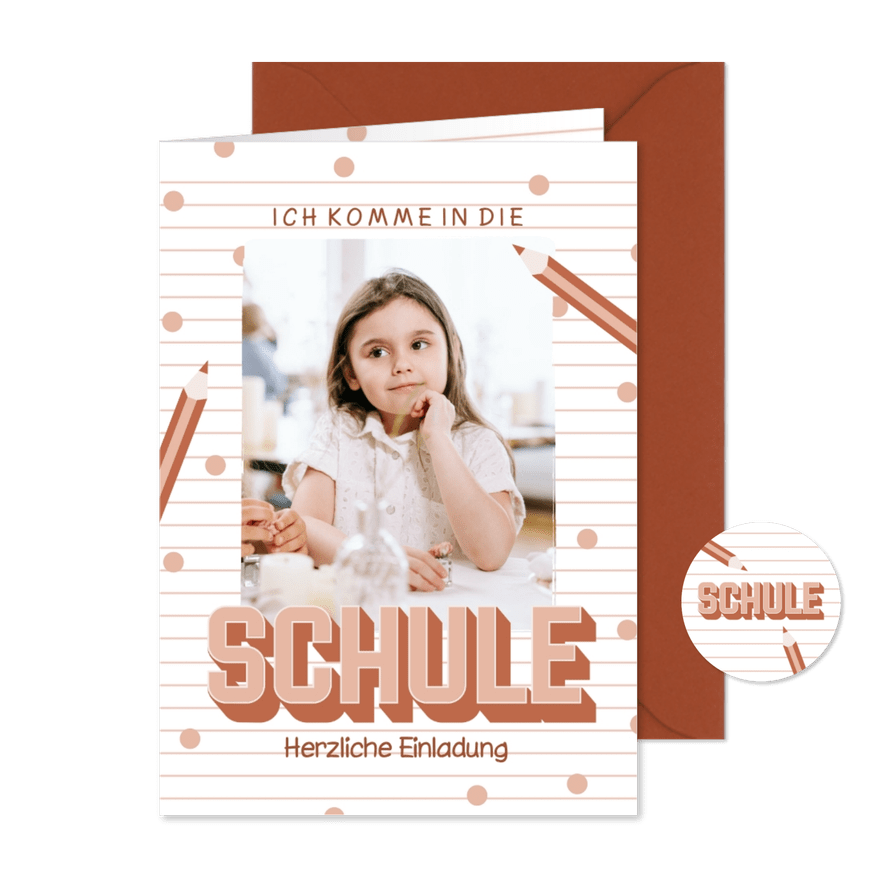 Einschulungskarte Foto & rosa Buntstifte - Karteneindruck

