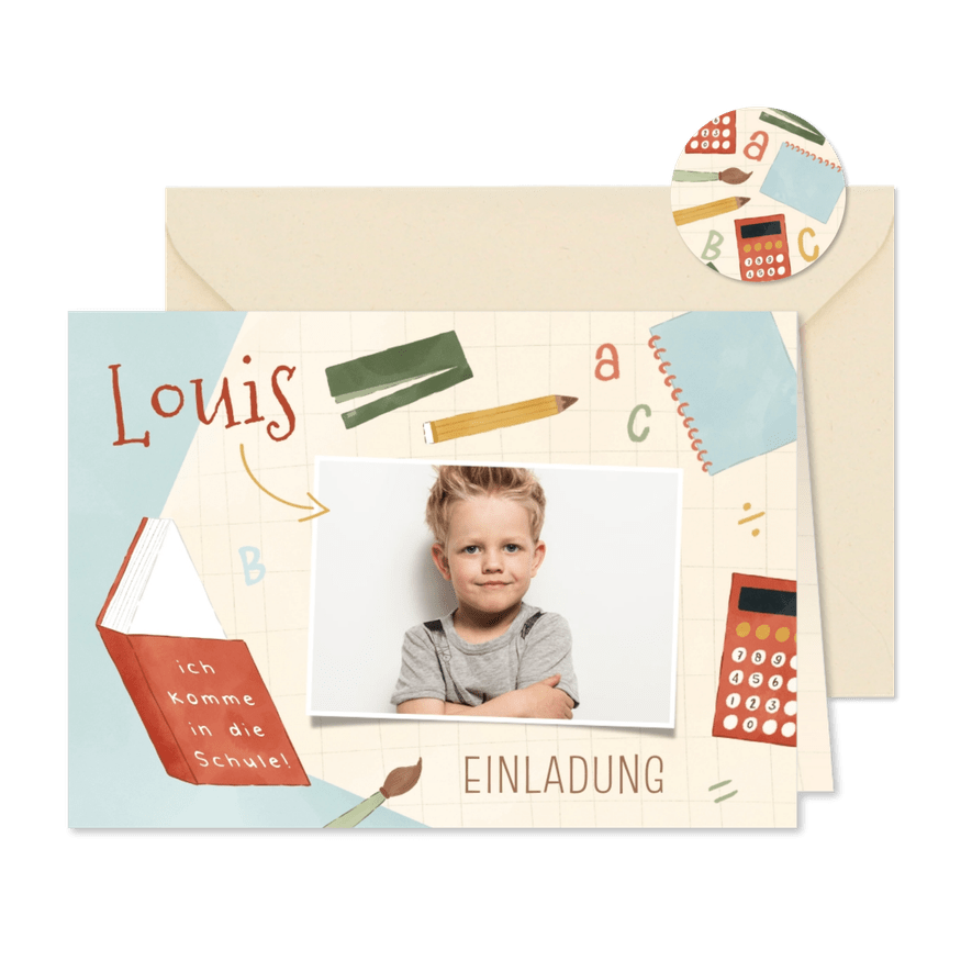 Einschulungskarte Foto & Schulsachen - Karteneindruck
