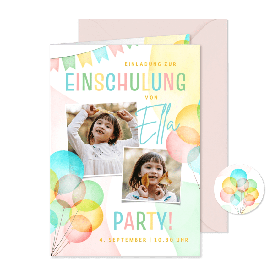 Einschulungskarte Fotos & bunte Luftballons - Karteneindruck