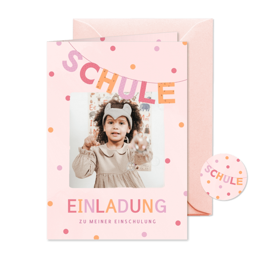 Einschulungskarte rosa Einladung Foto & Konfetti - Karteneindruck
