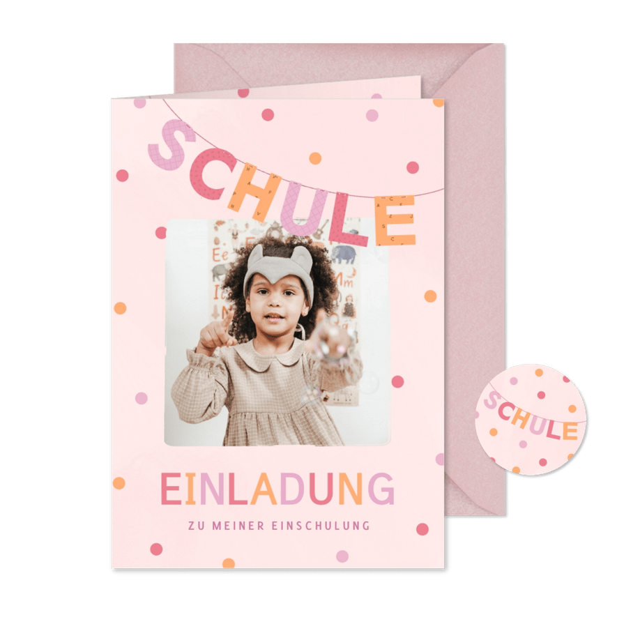 Einschulungskarte rosa Einladung Foto & Konfetti - Kartenvorschau