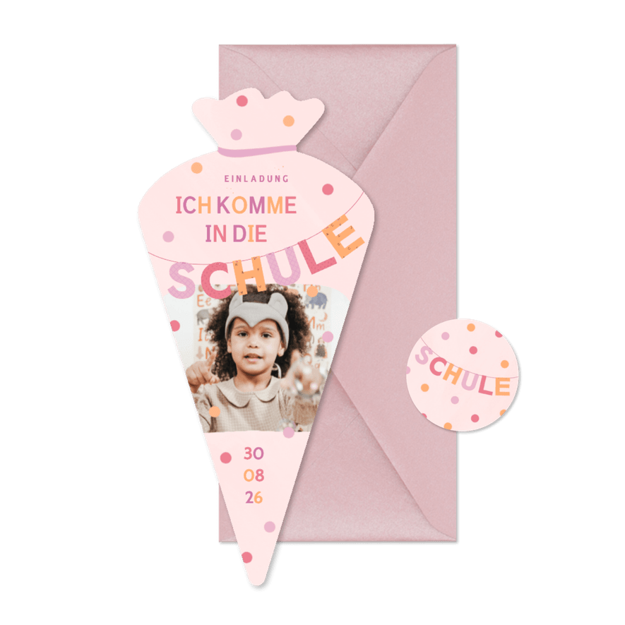 Einschulungskarte rosa Schultüte Foto & Konfetti - Kartenvorschau
