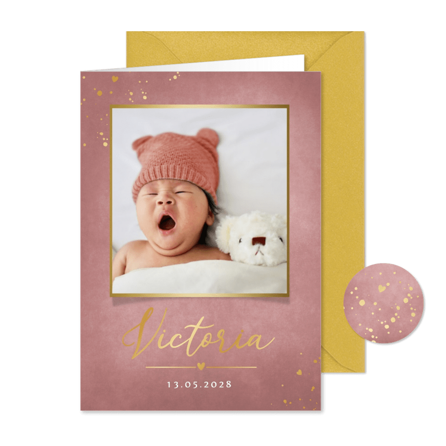 Elegante Geburtskarte altrosa, Foliendruck & Foto - Karteneindruck
