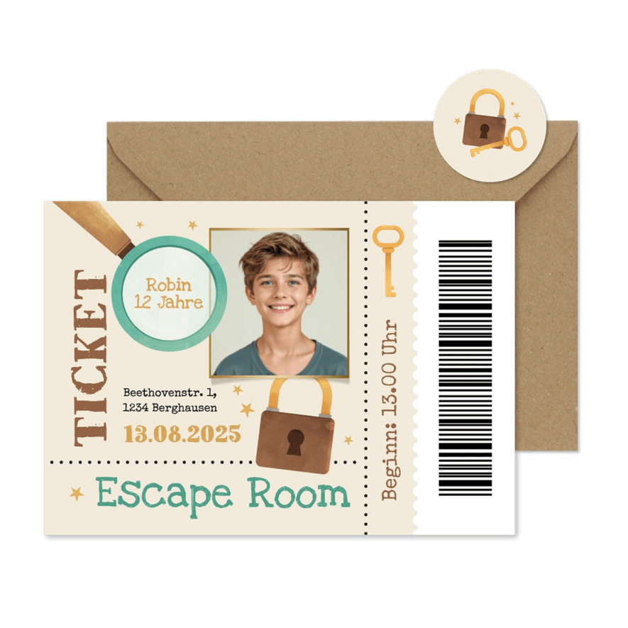 Escape Room Einladungskarte mit Foto Ticket - Karteneindruck