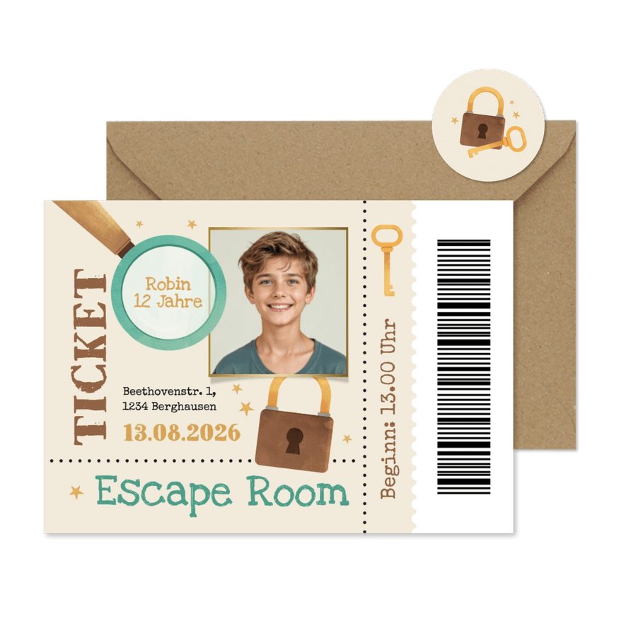 Escape Room Einladungskarte mit Foto Ticket - Kartenvorschau