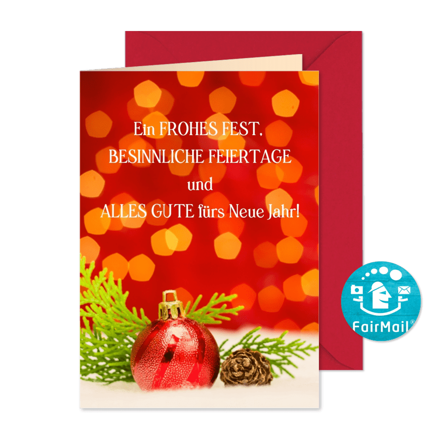 FairTrade Weihnachtskarte mit Christbaumkugel und Lichtern - Karteneindruck