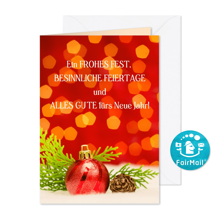 FairTrade Weihnachtskarte mit Christbaumkugel und Lichtern - Karteneindruck