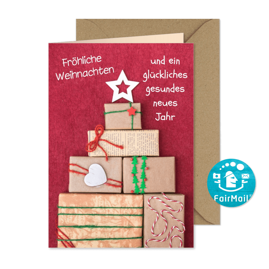 FairTrade Weihnachtskarte mit Weihnachtsbaum aus Geschenken - Karteneindruck
