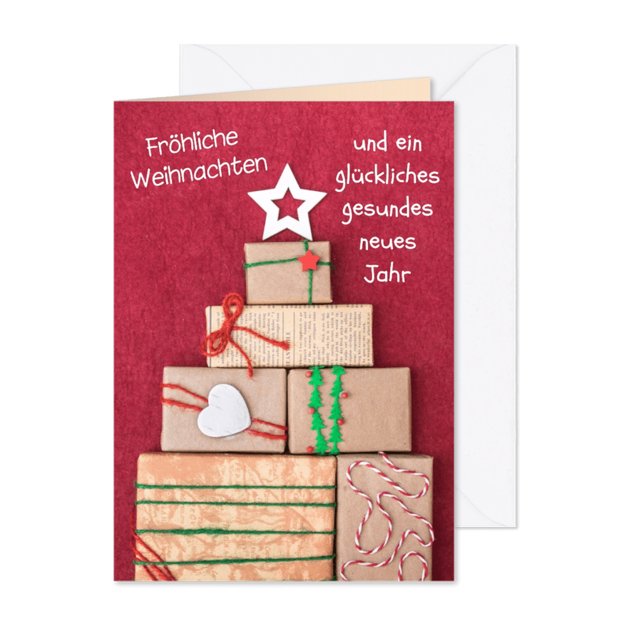 FairTrade Weihnachtskarte mit Weihnachtsbaum aus Geschenken - Karteneindruck