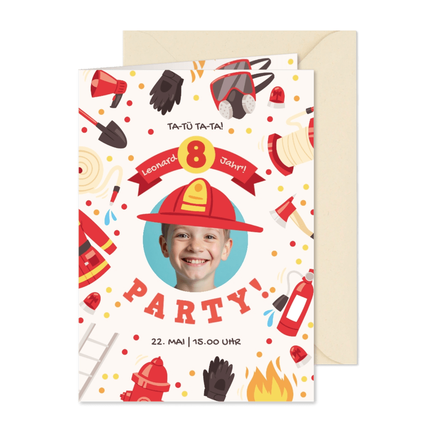 Feuerwehr Geburtstag Einladung 8 Jahre mit Foto - Karteneindruck
