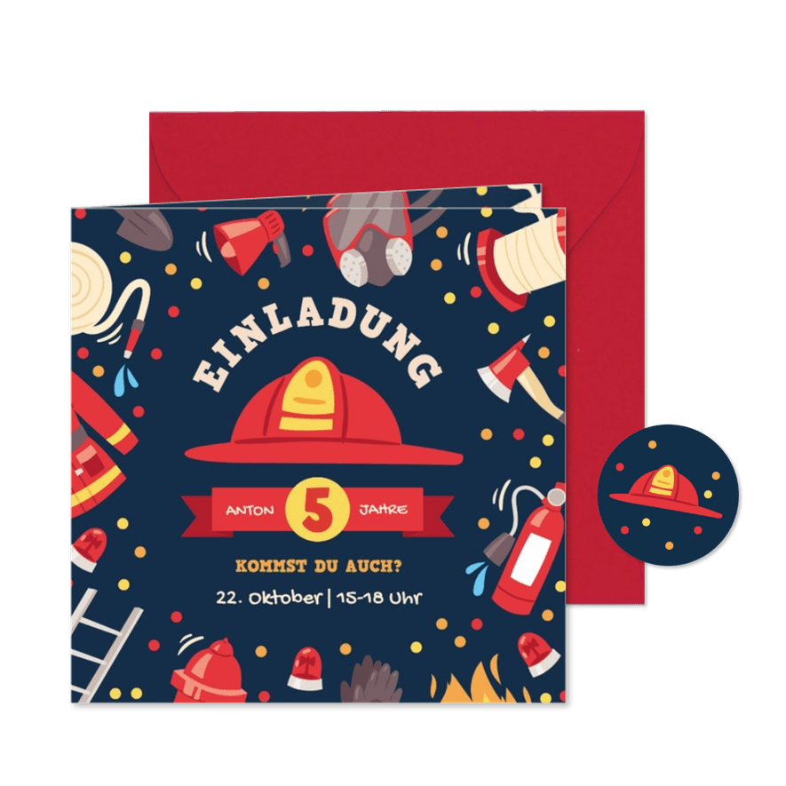 Feuerwehr Kindergeburtstagseinaldung Feuerwehrhelm - Karteneindruck
