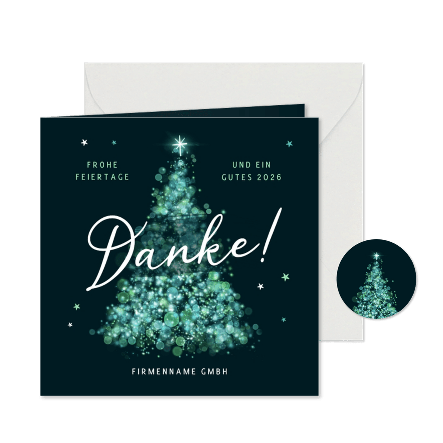 Firmen-Dankeskarte Weihnachtsbaum blaugrüne Lichtpunkte - Karteneindruck
