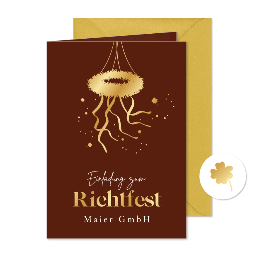 Firmen-Einladung Richtfest Kranz in Gold - Kartenvorschau
