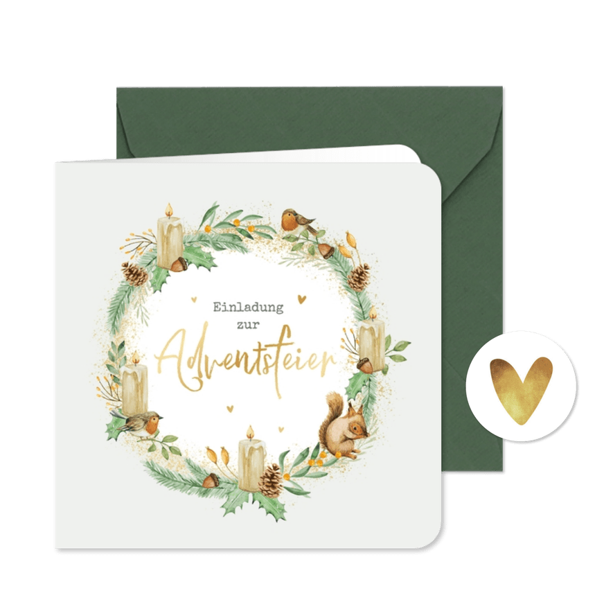 Firmen-Einladungskarte Adventsfeier Adventskranz mit Tieren - Karteneindruck