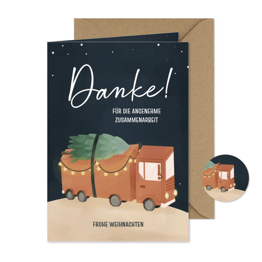Firmen-Weihnachtskarte Logistik Lastwagen mit Tannenbaum - Karteneindruck