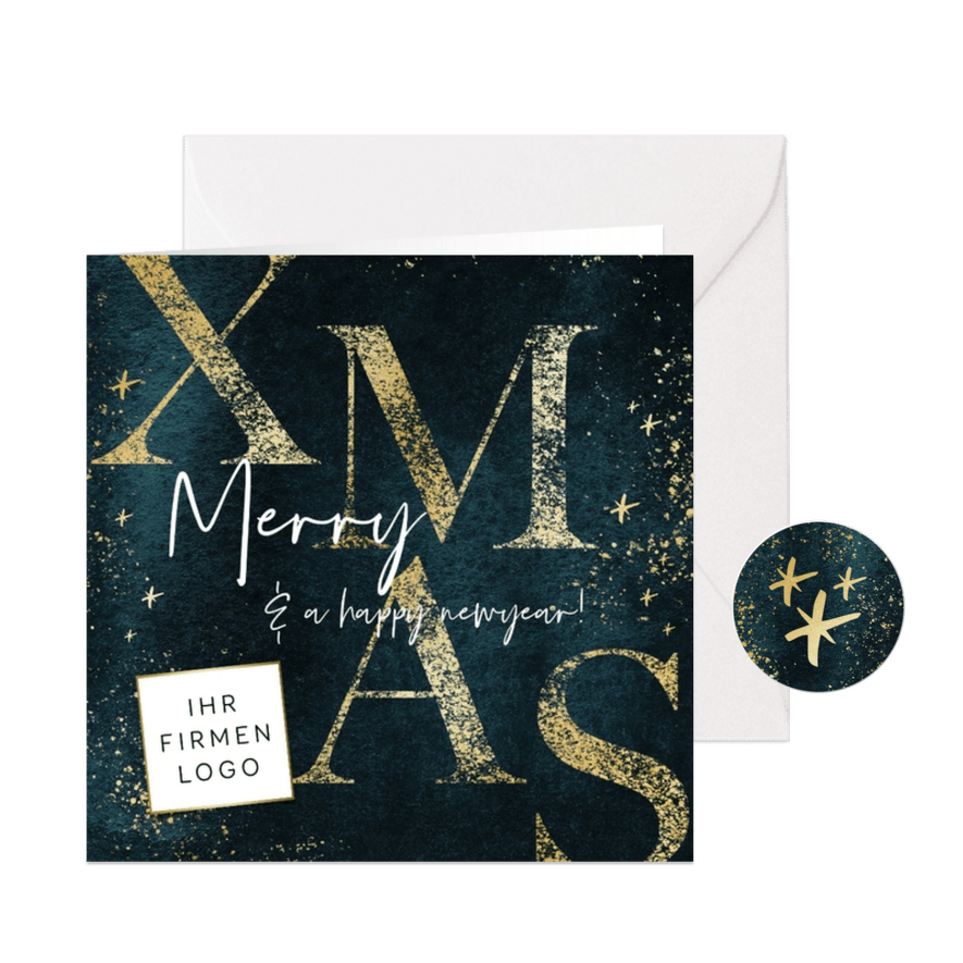 Firmen-Weihnachtskarte 'Merry Xmas' Goldoptik - Karteneindruck
