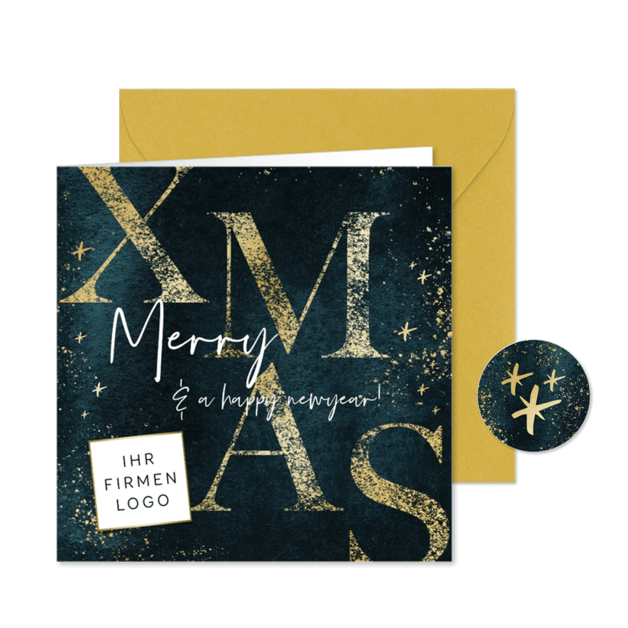 Firmen-Weihnachtskarte 'Merry Xmas' Goldoptik - Karteneindruck