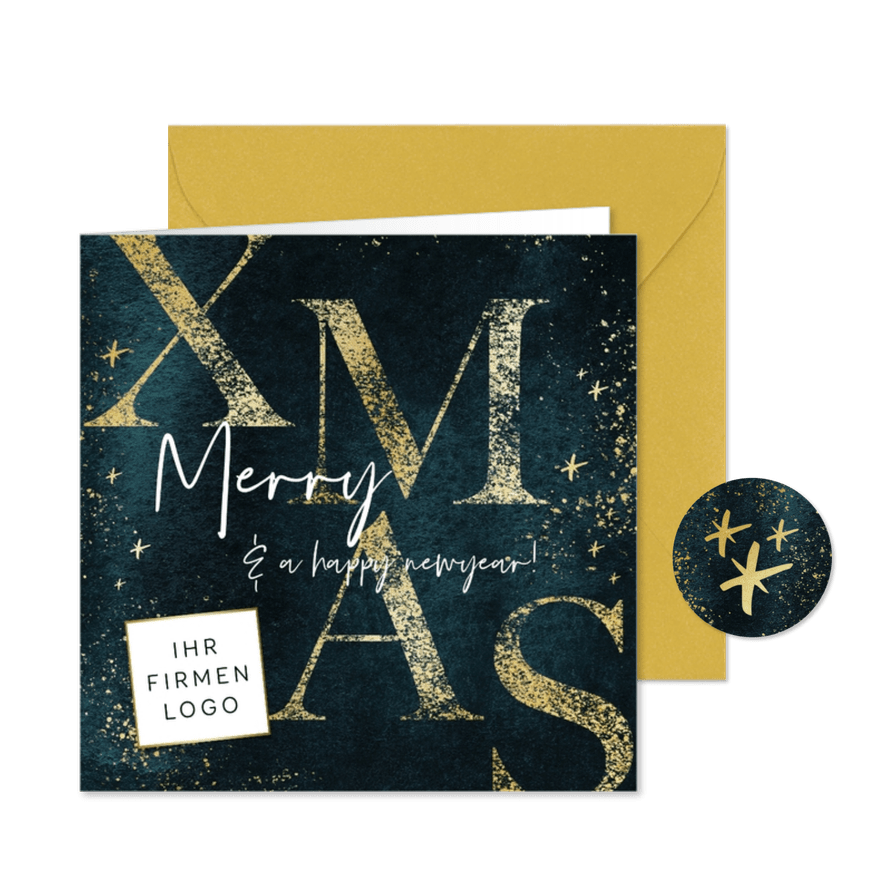 Firmen-Weihnachtskarte 'Merry Xmas' Goldoptik - Karteneindruck
