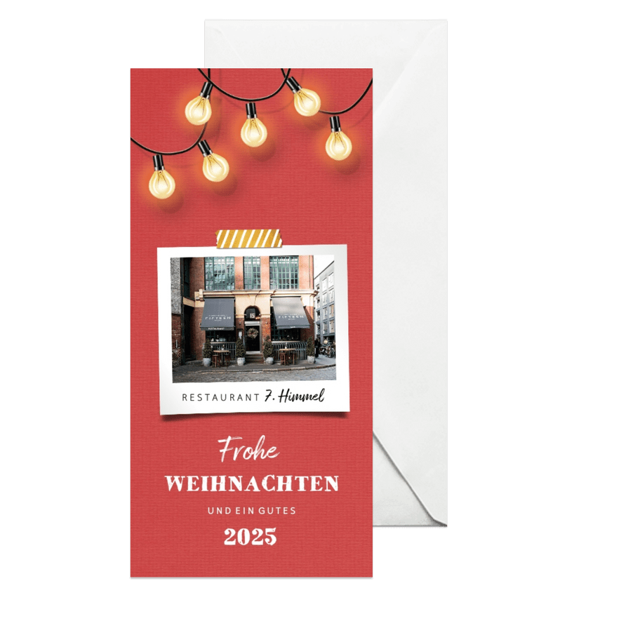 Firmen-Weihnachtskarte mit Foto und Lichterkette - Karteneindruck
