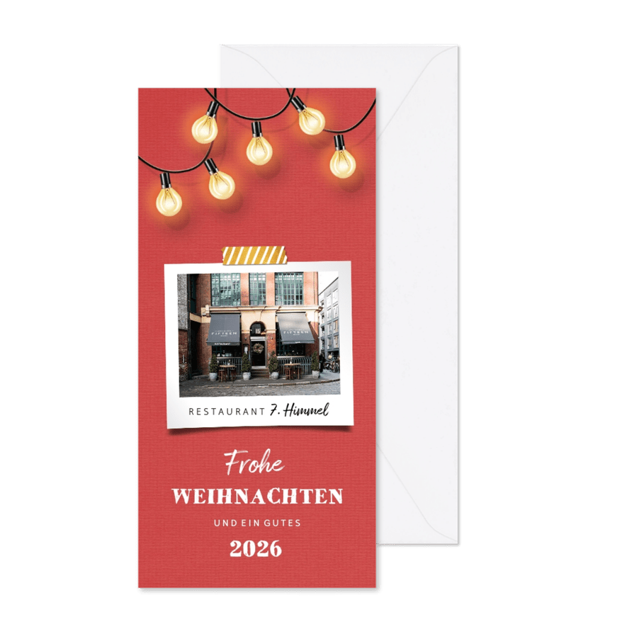 Firmen-Weihnachtskarte mit Foto und Lichterkette - Karteneindruck