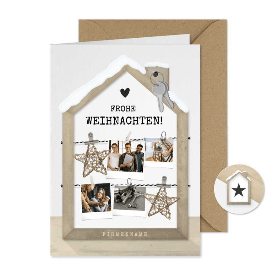 Firmen-Weihnachtskarte mit Fotos und Schneehaus - Karteneindruck