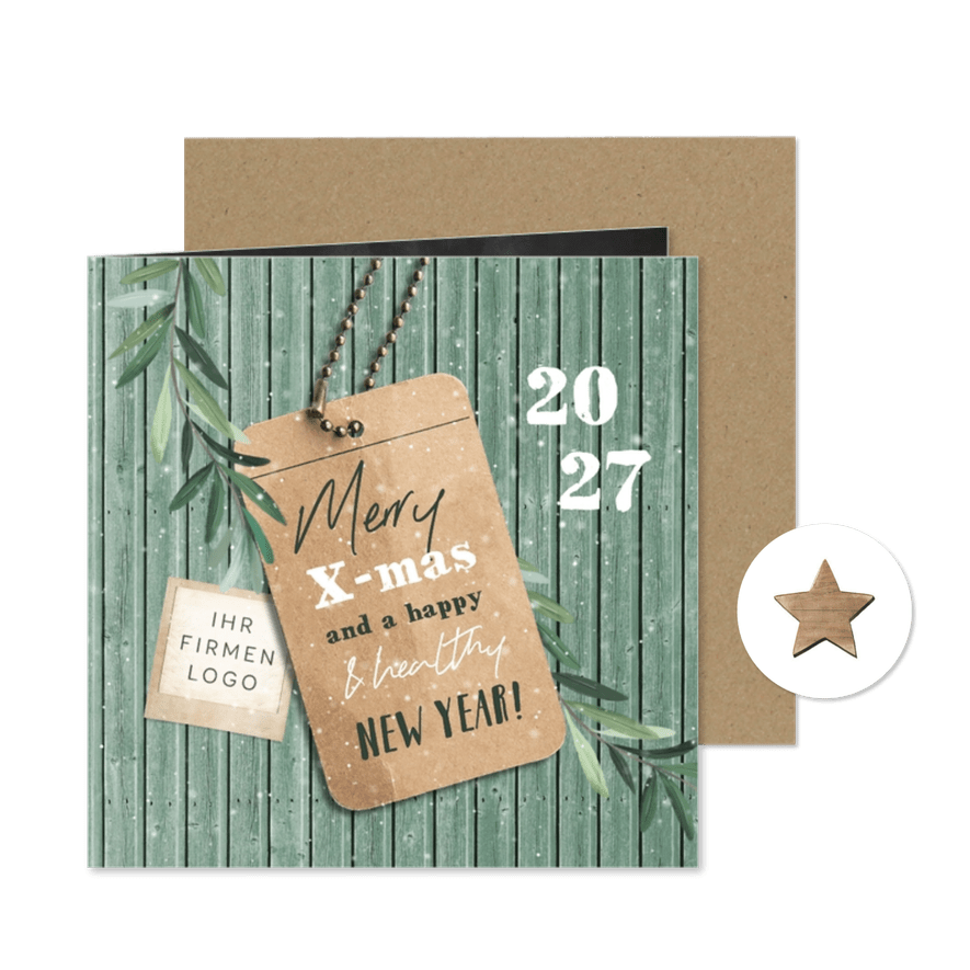 Firmen-Weihnachtskarte mit Label und Zweigen - Karteneindruck
