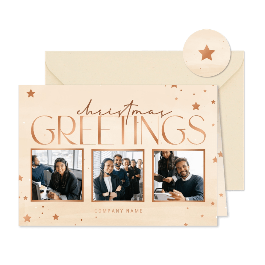 Firmenkarte 'Christmas Greetings' Fotocollage kupfer - Kartenvorschau