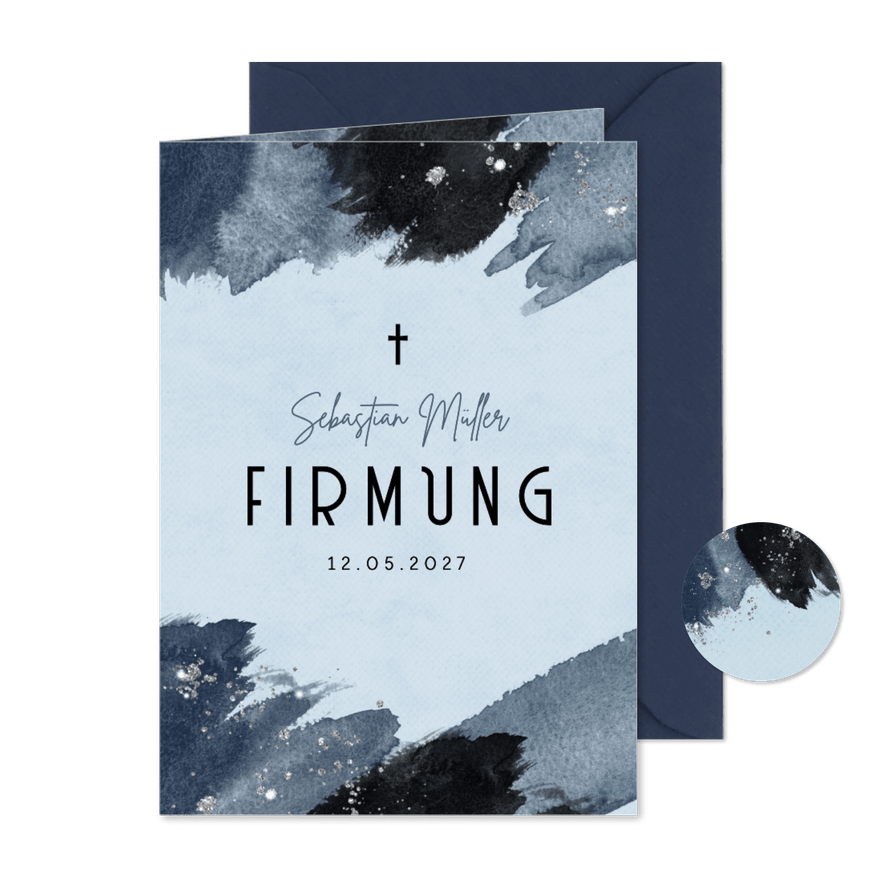 Firmung Einladungskarte blaue Pinselstriche - Karteneindruck