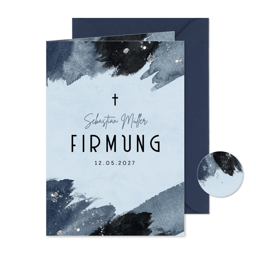 Firmung Einladungskarte blaue Pinselstriche - Karteneindruck