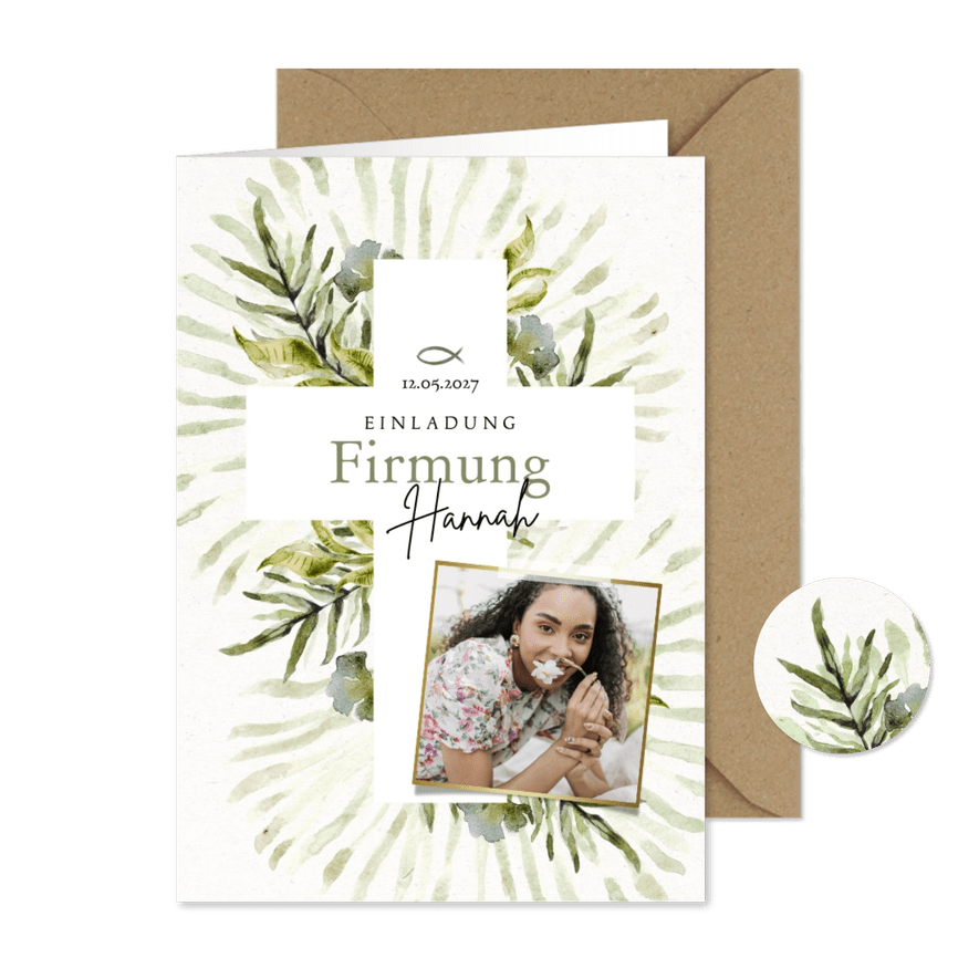 Firmung Einladungskarte Kreuz botanisch - Kartenvorschau